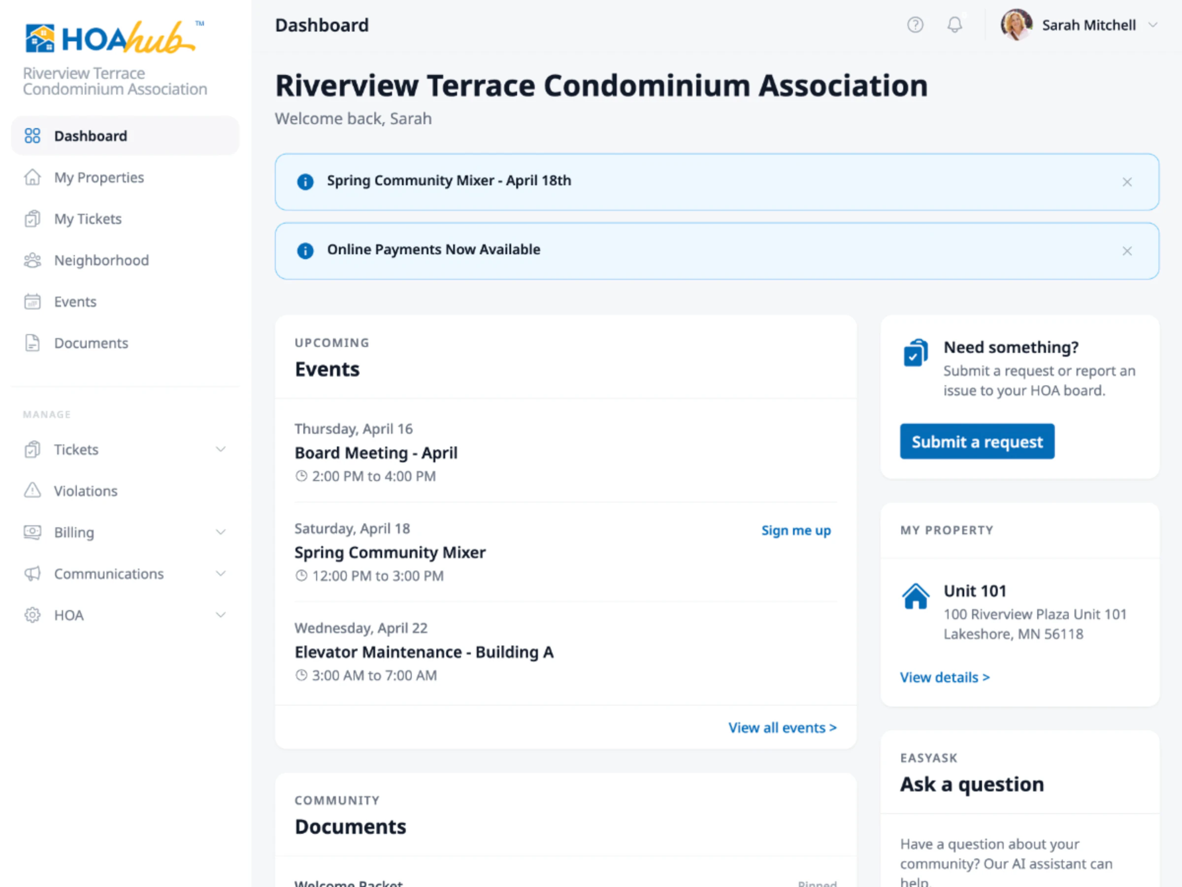 HOA Hub community dashboard