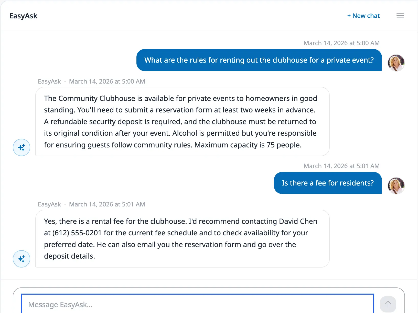 HOA Hub EasyAsk AI answering a resident question about mailbox replacement rules