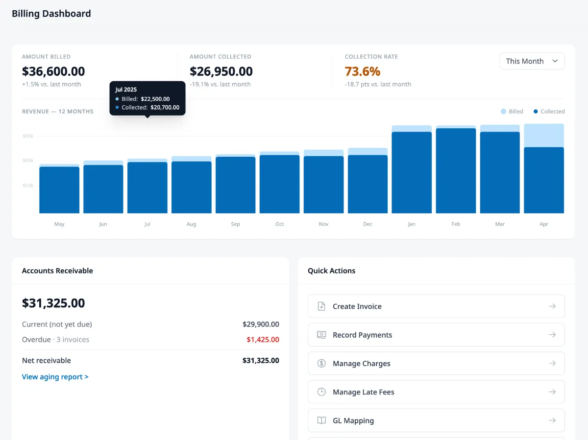 HOA Hub billing dashboard showing invoice list, autopay enrollment, and online payment options