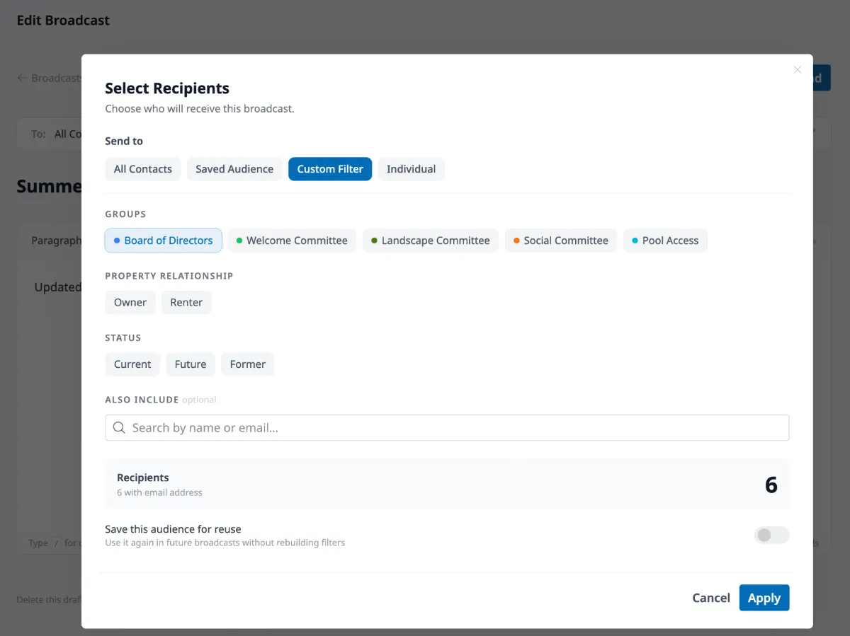 HOA email broadcast audience builder with committee, property, and status filters for targeted resident communications
