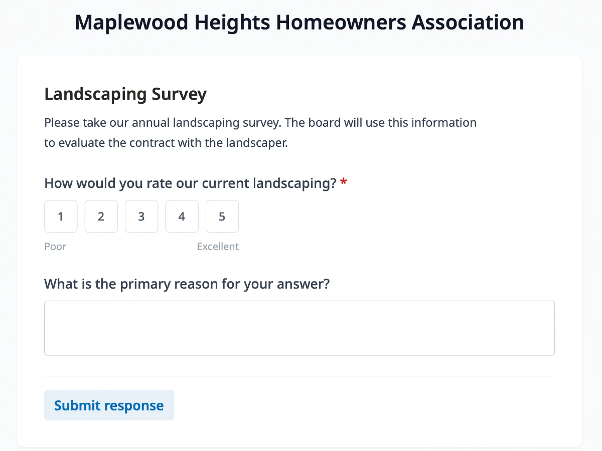 HOA resident survey results dashboard with response counts, participation rate, and aggregated answers per question