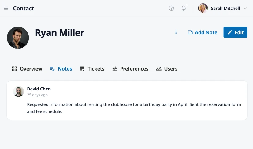 HOA Hub contact activity timeline showing resident requests, board notes, and audit log entries