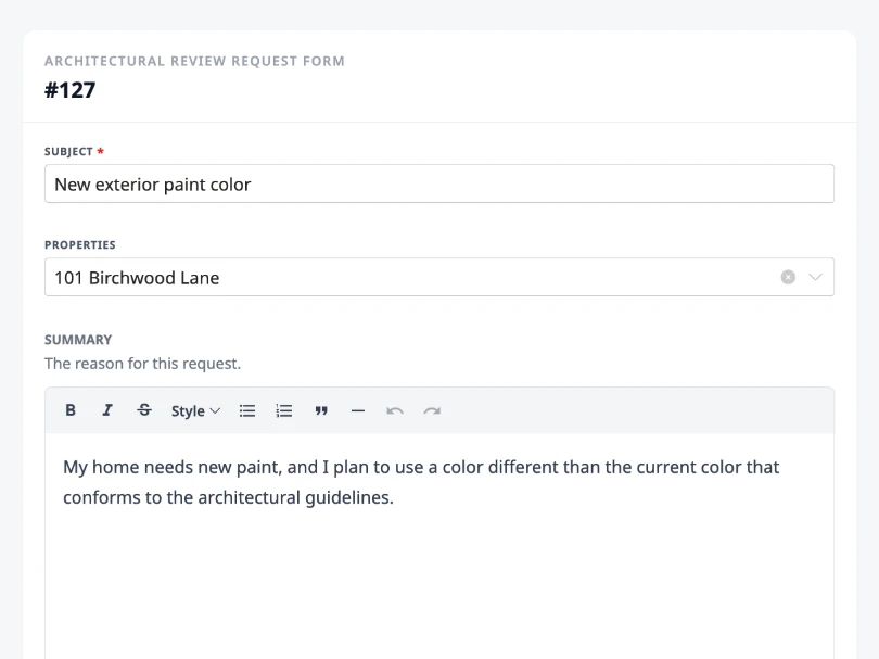 HOA Hub resident request form with custom fields for an architectural review submission