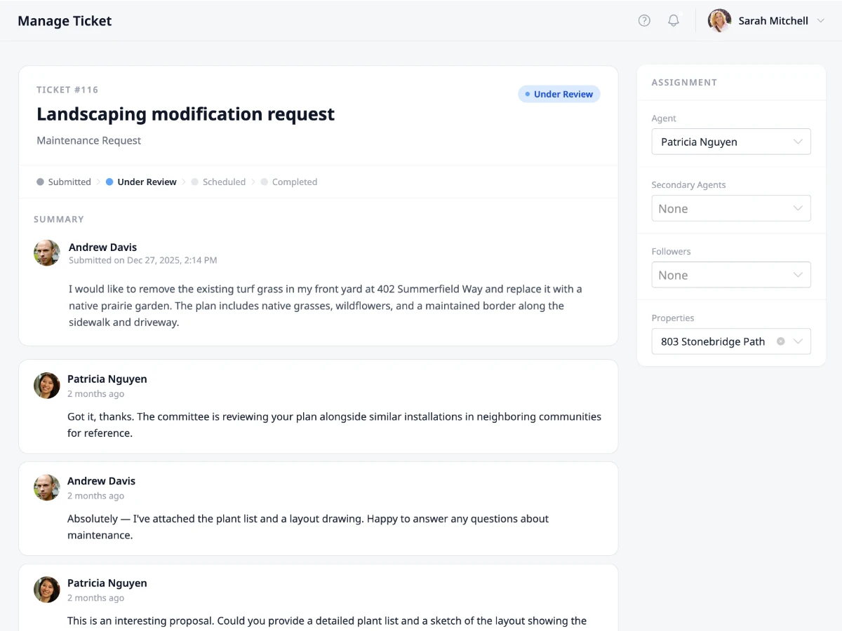 HOA Hub resident request detail page with progress steps, status tracking, and submission content