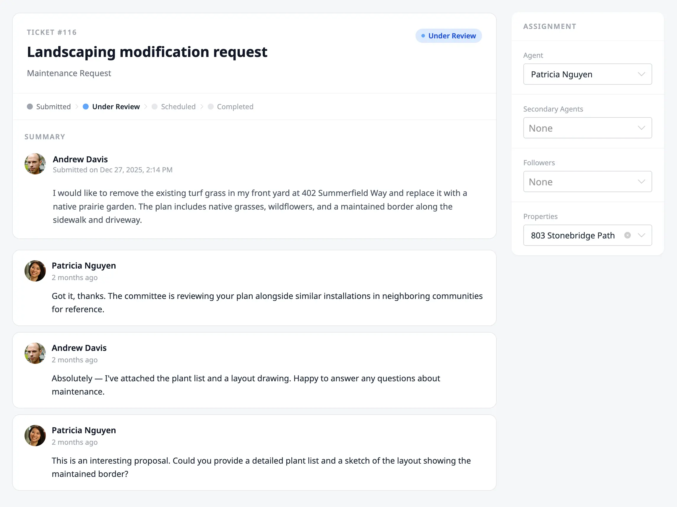 HOA Hub ticket management interface showing resident requests with status tracking